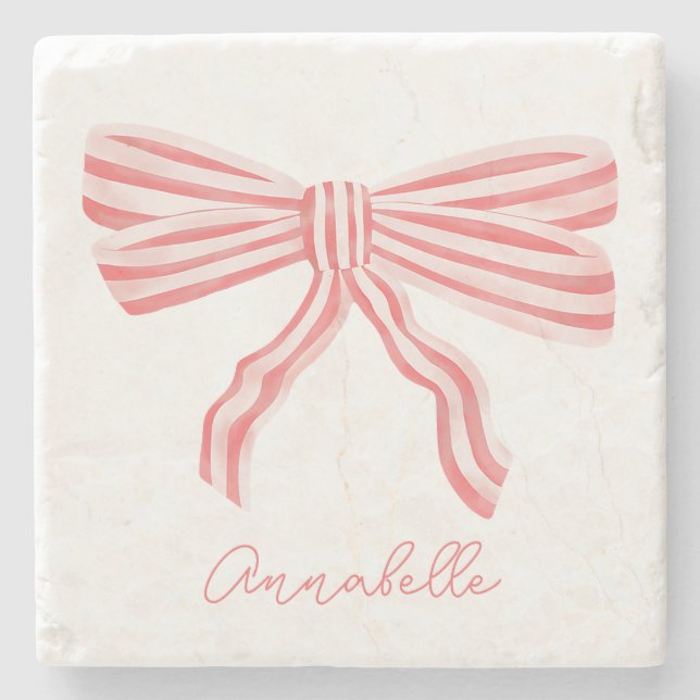Coquette Pink Striped Bow Stone Coaster (Front)