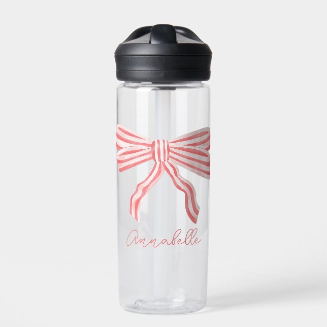Coquette Pink Striped Bow Water Bottle (Front)