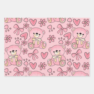 Coquette Pink Teddy Bear Seamless Pattern Wrapping Paper Sheet