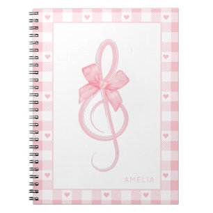 Coquette Pink Treble Clef Bow Gingham Pattern Notebook