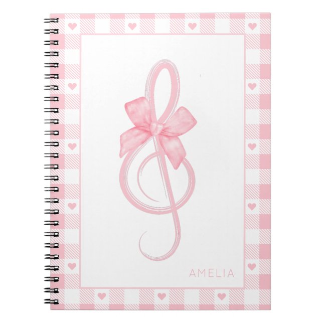 Coquette Pink Treble Clef Bow Gingham Pattern  Notebook (Front)