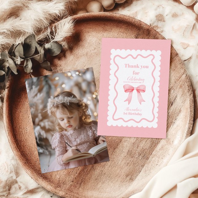 Coquette Pink Watercolor Bow 1st Birthday Thank You Card (Creator Uploaded)