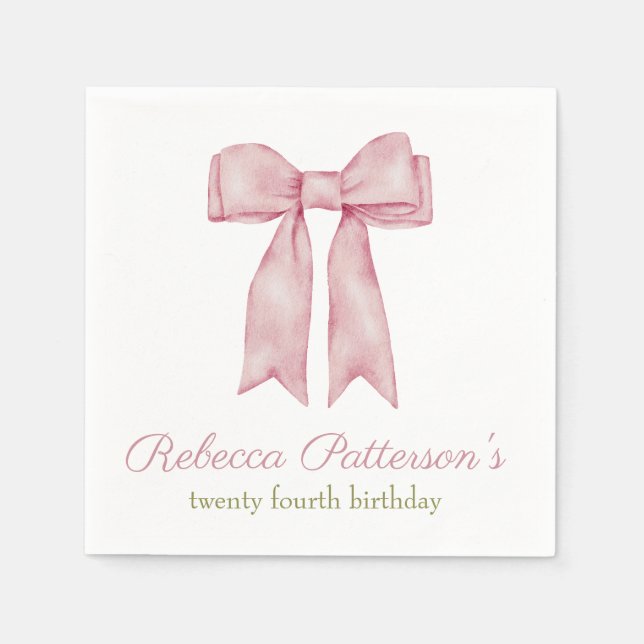 Coquette Pink Watercolor Bow Feminine Bday Party Napkin (Front)