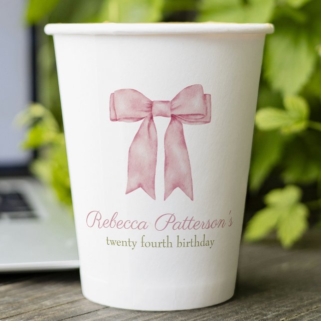 Coquette Pink Watercolor Bow Feminine Bday Party Paper Cups (coquette aesthetic pink bow party paper cup personalized party supplies tea party cute feminine bday)
