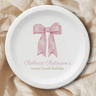 Coquette Pink Watercolor Bow Feminine Bday Party Paper Plate