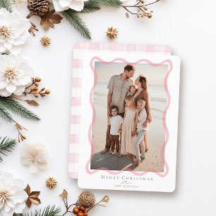 Coquette Pink Wavy Frame Photo Christmas Holiday Card