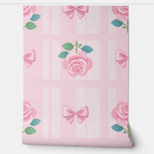 Coquette Plaid Ribbon and Rose Pink Wallpaper