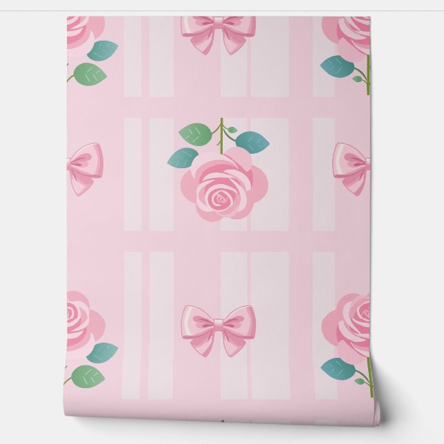 Coquette Plaid Ribbon and Rose Pink Wallpaper (Unrolling)
