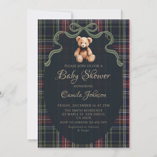 Coquette Plaid Teddy Bear Baby Shower Invitation (Front)