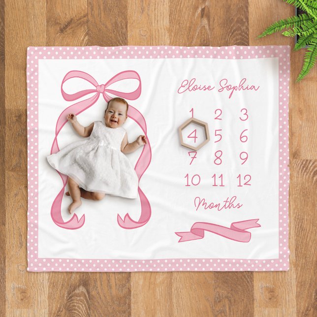 Coquette Polka Dot Pink Bow Baby Girl Milestone Fleece Blanket (Creator Uploaded)