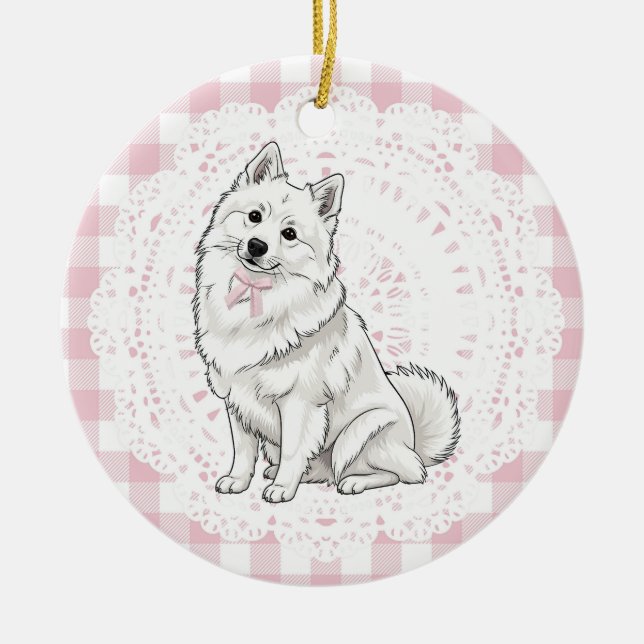 Coquette Pomeranian Dog Pink Gingham Bows Ceramic Tree Decoration (Front)