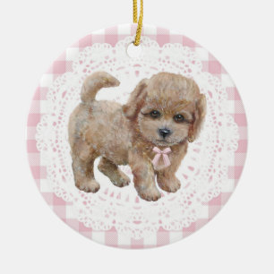 Coquette Poodle Dog Pink Gingham Bows Ceramic Tree Decoration