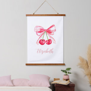 Coquette Preppy Pink Bow Baby Girl Kids Watercolor Hanging Tapestry