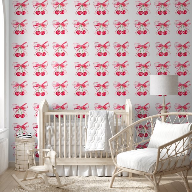 Coquette Preppy Pink Bow Cherries Baby Girl Kids Wallpaper (Kids)