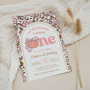 Coquette Pumpkin Fall Floral 1st Birthday Invitation