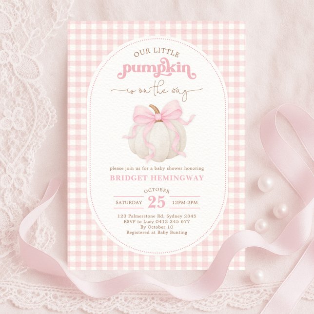 Coquette Pumpkin Pink Bow Gingham Girl Baby Shower Invitation (Creator Uploaded)