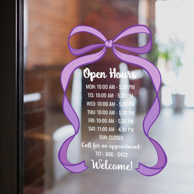 Coquette Purple Bow Small Business Open Hours Window Cling (Creator Uploaded)