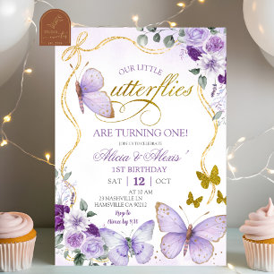 Coquette Purple Butterfly Twins Birthday Invitation