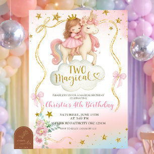 Coquette Rainbow Pastel Unicorn TWO Magical Birthd Invitation