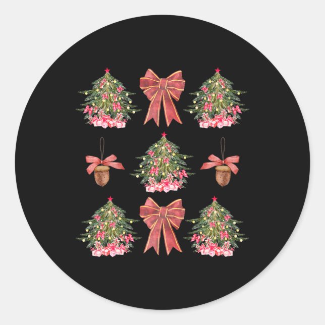 Coquette Red Bow Acorn Christmas Tree Girly Women  Classic Round Sticker (Front)