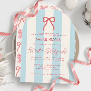 Coquette Red Bow & Blue Stripes Bat Mitzvah Invitation