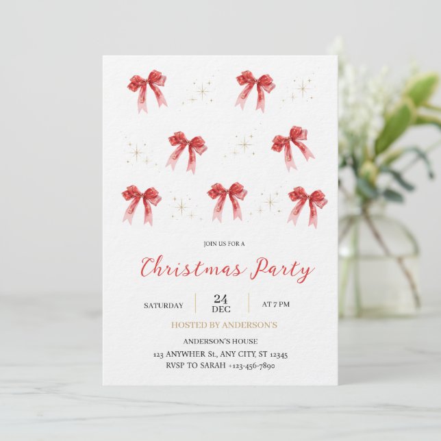 Coquette red bow holidays invite - christmas bow  (Standing Front)