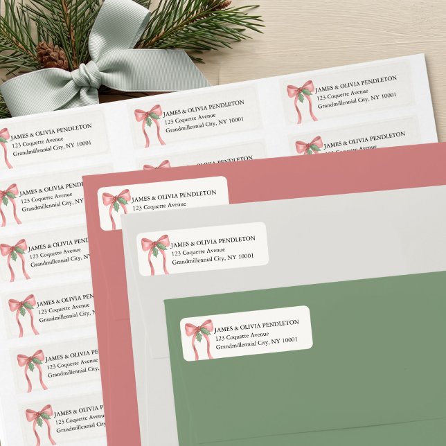 Coquette Red Bow Holly Christmas Return Address (Red Bow and Holly Return Address Labels - Preppy Coquette Holiday Collection by Darling & May)