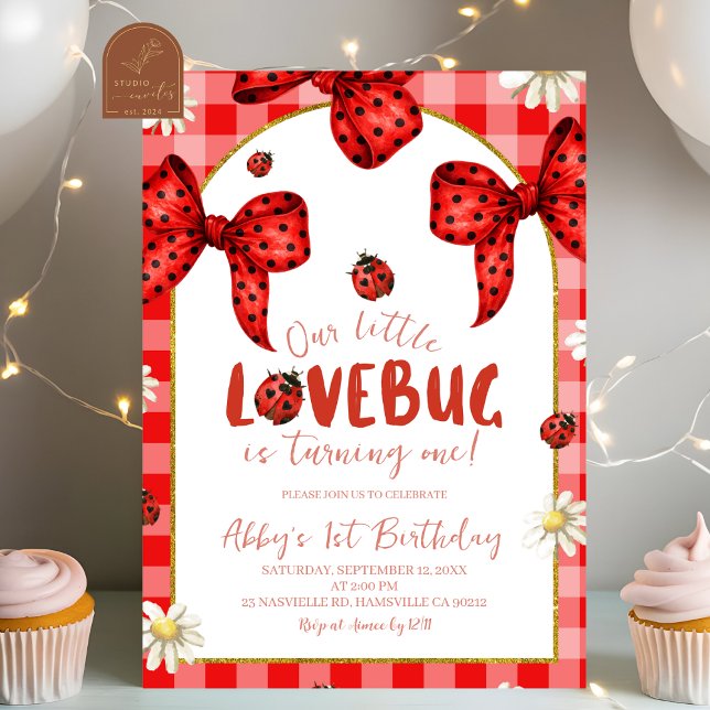 Coquette Red Bow Lovebug First Birthday Invitation (Creator Uploaded)