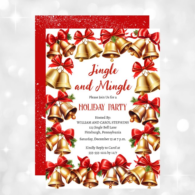 Coquette Red Bows | Bells Christmas Holiday Party Invitation (Coquette Red Bows and Jingle Bells Christmas Holiday Party Invitation)