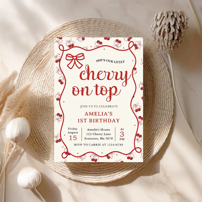 Coquette Red Cherry 1st Birthday Party Invitation (Creator Uploaded)