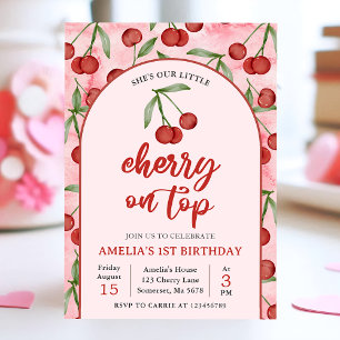 Coquette Red Cherry 1st Birthday Party Invitation