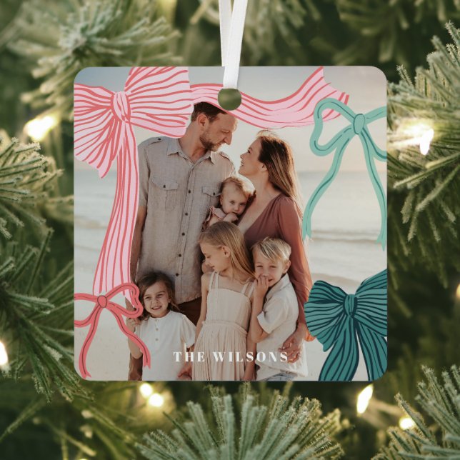 Coquette Red & Gree Bows Photo Christmas Holiday Metal Tree Decoration (Insitu)