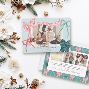 Coquette Red & Green Bows 4 Photo Green Christmas Holiday Card