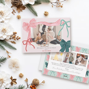 Coquette Red & Green Bows 4 Photo Pink Christmas Holiday Card