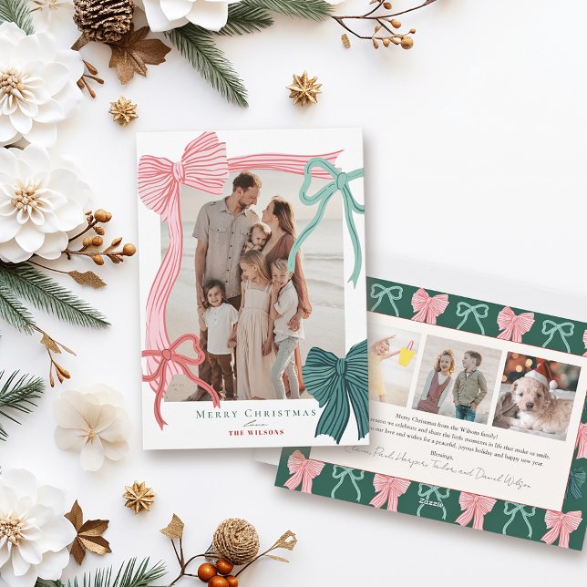 Coquette Red & Green Bows 4 Photos Christmas Holiday Card (Creator Uploaded)