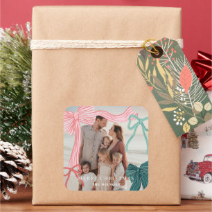 Coquette Red Green Bows Photo Christmas Holiday Square Sticker