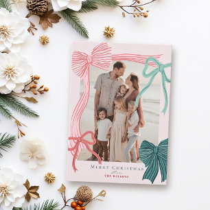 Coquette Red & Green Bows Pink Photo Christmas Holiday Card
