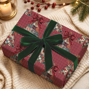 Coquette Red Patchwork Polka Dot Christmas Trees Wrapping Paper