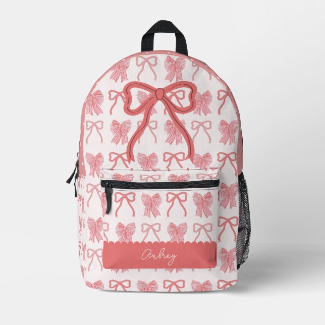 Coquette Red & Pink Bow/Ribbon Pattern Printed Backpack (Front)