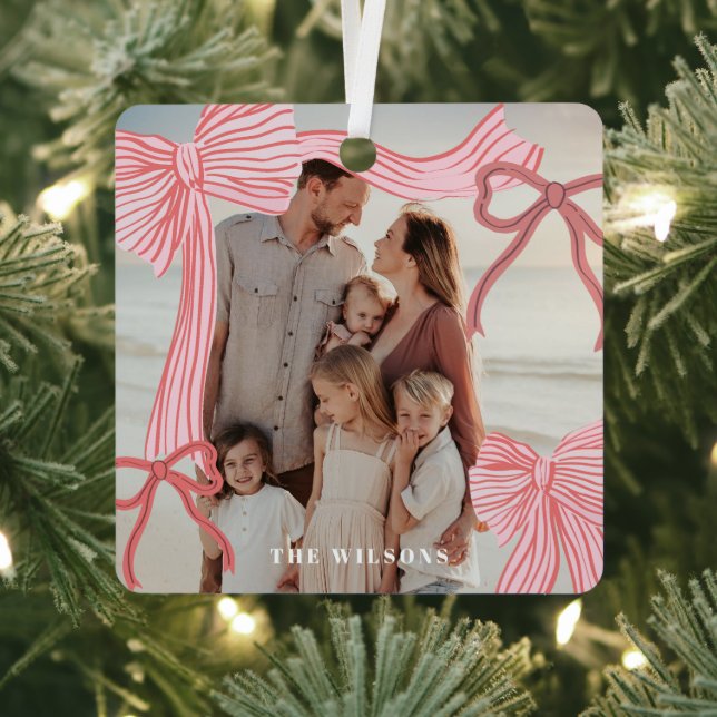 Coquette Red & Pink Bows Photo Christmas Holiday Metal Tree Decoration (Insitu)