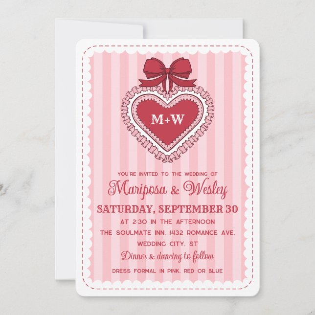 Coquette Red Pink Ruffled Heart Stripes Wedding Invitation (Front)