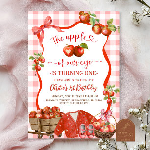 Coquette Red Plaid Bow Apple 1st Birthday Invitation