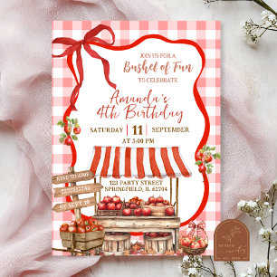 Coquette Red Plaid Bow Apple Orchard Birthday Invitation