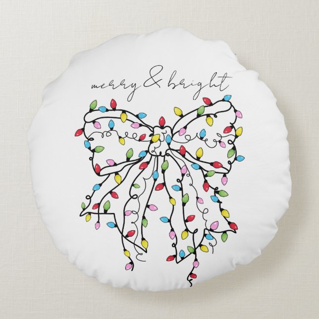 Coquette Ribbon Christmas Lights Merry & Bright Round Cushion (Back)