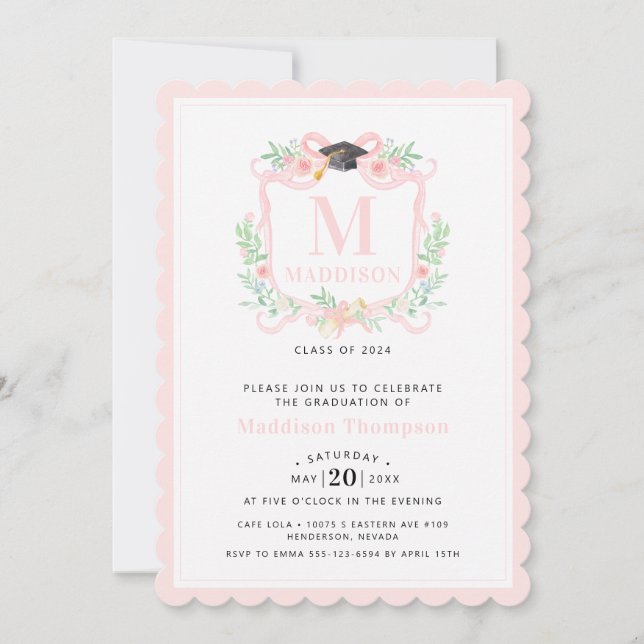  Coquette Ribbon Graduation Monogram Crest Invitation (Front)
