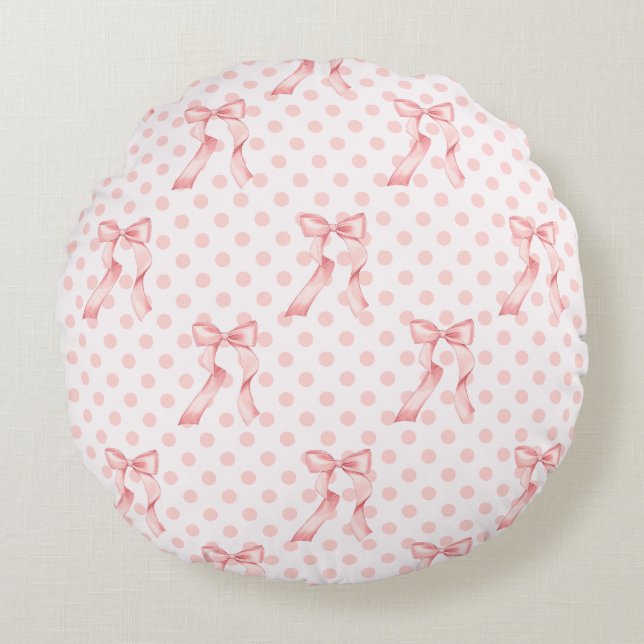 Coquette Room Decor Pink Bows & Polka Dots Round Cushion (Front)