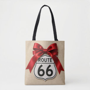 Coquette Route 66 Red Satin Bow Faux Linen Tote Bag