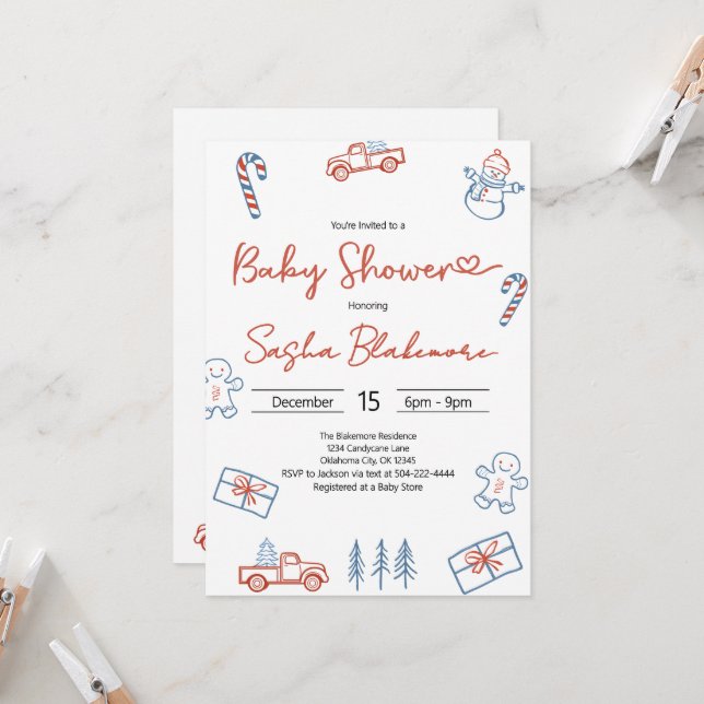 Coquette Rustic Red & Blue Christmas Baby Shower  Invitation (Front/Back In Situ)