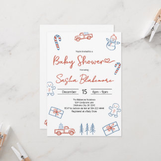 Coquette Rustic Red & Blue Christmas Baby Shower Invitation