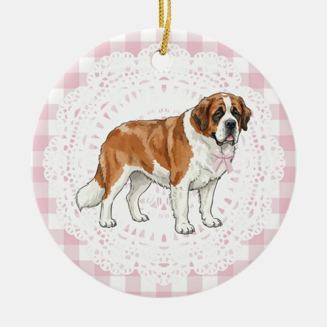 Coquette Saint Bernard Dog Pink Gingham Bows Ceramic Tree Decoration (Front)